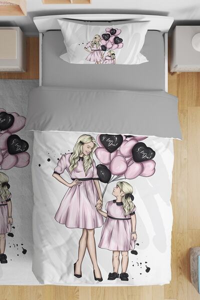 EVPANYA Anne Kız Kombini Desenli Tek Kişilik Bebek Çocuk Nevresim Seti