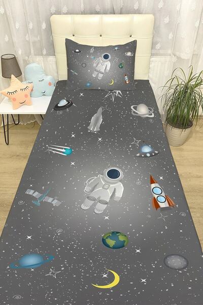 EVPANYA Gri Uzay Küçük Astronot Yatak Örtüsü Ve Yastık Kılıfı