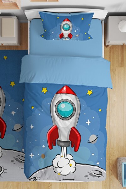 EVPANYA Kırmızı Roket Desenli Tek Kişilik Bebek Çocuk Nevresim Seti