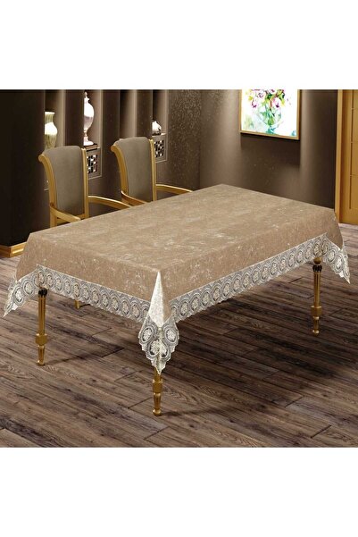 ZELAL Rose Patterned Velvet Tablecloth - Cream and Brown Color