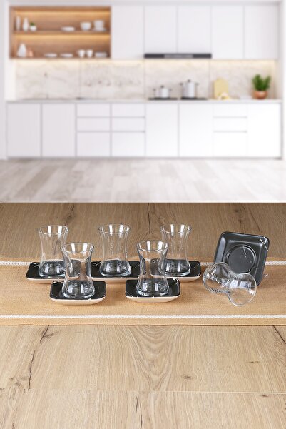 Keramika Siyah Mermer Desenli 6 Kişilik 12 Parça Çay Bardak Takımı