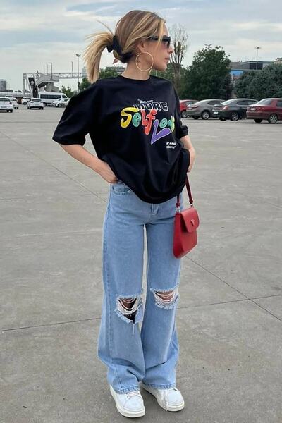 Machetta Büyük Beden Renkli self Love Baskılı Oversize Bisiklet Yaka T-shirt