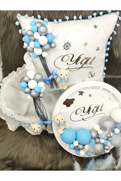 7Renk Ledli Ahşap Ayıcıklı Kapı Panosu Kız-Erkek Bebek Kapı Süsü Mavi Pembe Hastane Kapı Süsü Takım