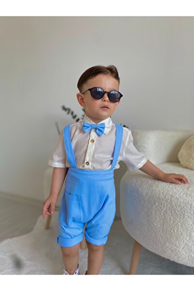 favorimkids Baby Blue Cotton Harem Salopet Classic Short Sleeve Shirt with Bow Tie