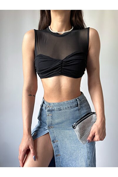 MY DEPO Crop Top pentru damă din tul Gloped