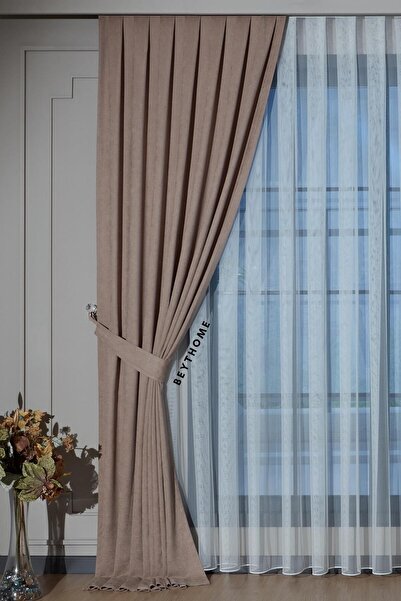 Beythome Açık Vizon Soft Kadife Fon Perde - Pileli Tek Kanat X 2 Seyrek Pile