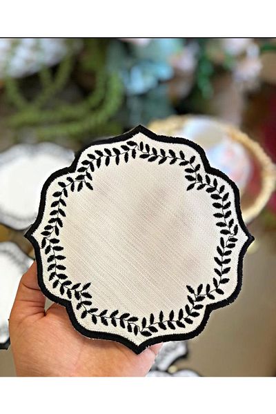 Teksev Șervețel de prezentare pentru cocktail, cafea, rotund, negru, 6 bucăți, șervețel de prezentare brodat Maras Work Glaze Broderie