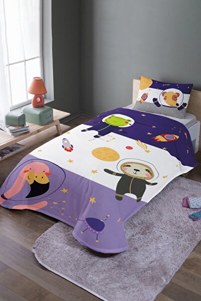EVPANYA Sevimli Uzay Safari Desenli Tek Kişilik Pike Takımı Ve Yatak Örtüsü