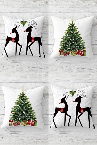 Latibule Deer Pinewood Christmas New Year Themed Hidden Zippered Throw Pillow Cover Seat Pillow Cover Set (4pcs)