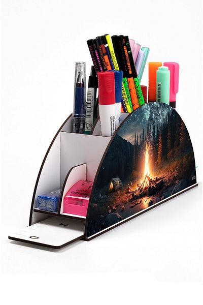 kutuTR Wooden Vip Mountain Series Rainbow Ruled Desktop Pen Holder Organizer with Assembled Box