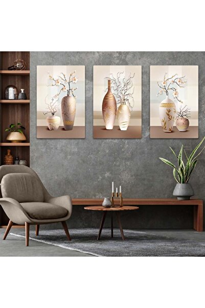Zevahir Mobilya Dekorasyon Üçlü Mdf Minimalist Soyut Vazo Desenli Tablo Seti