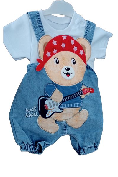 Temiz Baby BABY BOY ROCK&ROLL BEAR BEARER COATED SALOPET SET-100% Cotton, Crew Neck, Half Sleeve Body & Salopet