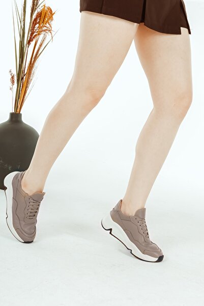 Cooliza Genuine Leather Laced Eva Thick Sole Daily Comfortable Women's Sports Shoes Mink