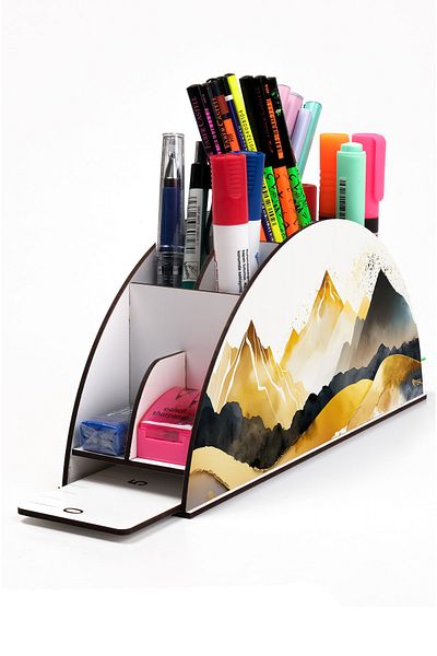 kutuTR Wooden Vip Mountain Series Rainbow Ruled Desktop Pen Holder Organizer with Assembled Box