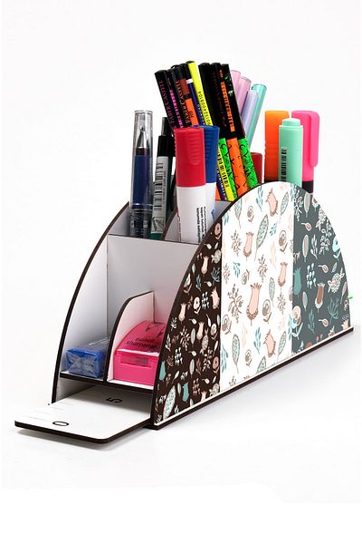 kutuTR Wooden Vip Pattern Series Rainbow Ruled Desktop Pen Holder Organizer Assembled Boxed