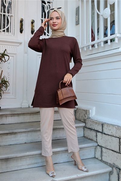 Bestenur Hijab Tunic 531 - Καφέ, με λεπτομέρεια από φυτίλι