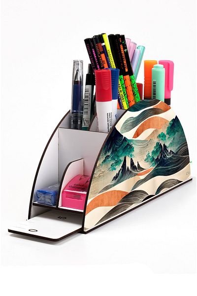 kutuTR Wooden Vip Retro Series Rainbow Ruled Desktop Pen Holder Organizer with Assembled Box