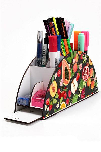 kutuTR Wooden Vip Fruit Series Rainbow Ruled Desktop Pen Holder Organizer with Assembled Box