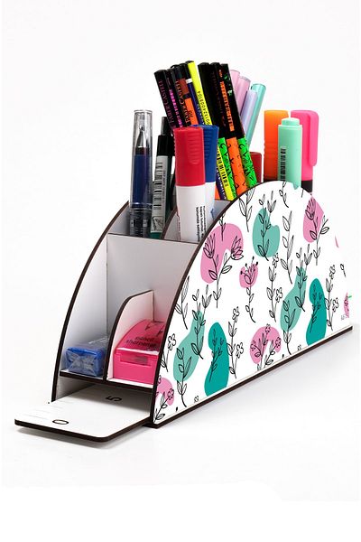 kutuTR Wooden Vip Pattern Series Rainbow Ruled Desktop Pen Holder Organizer Assembled Boxed