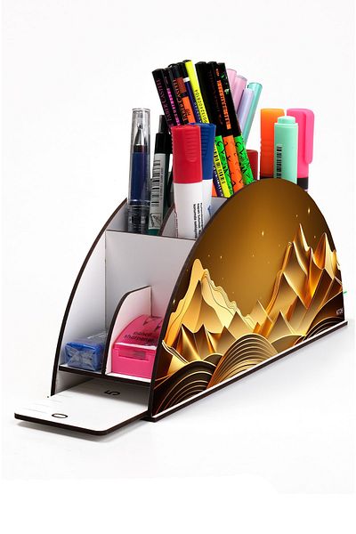 kutuTR Wooden Vip Mountain Series Rainbow Ruled Desktop Pen Holder Organizer with Assembled Box