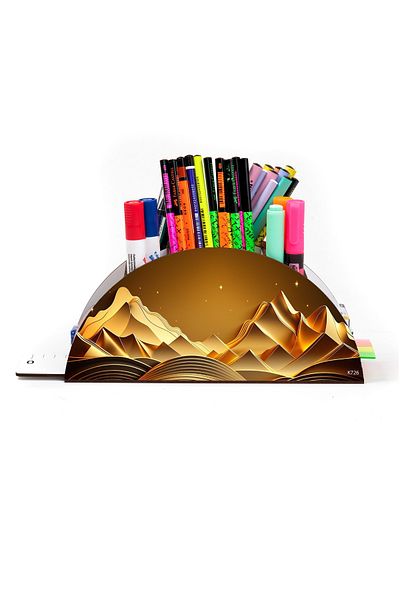 kutuTR Wooden Vip Mountain Series Rainbow Ruled Desktop Pen Holder Organizer with Assembled Box