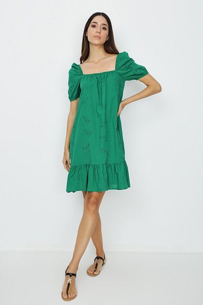 Select Moda Women's Green Balloon Sleeve Embroidery Dress