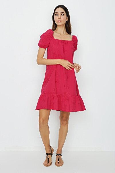 Select Moda Γυναικείο φούξια φόρεμα με μανίκια με μπαλόνια με κέντημα