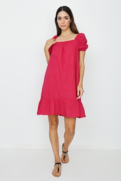 Select Moda Γυναικείο φούξια φόρεμα με μανίκια με μπαλόνια με κέντημα