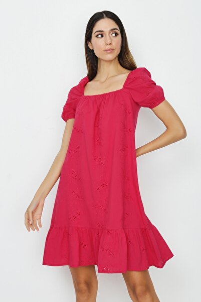 Select Moda Γυναικείο φούξια φόρεμα με μανίκια με μπαλόνια με κέντημα