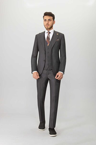 Ground Zero Slımfıt Cızgılı Bırdeye Yeleklı Takım Elbıse Füme