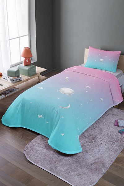 EVPANYA Set și cuvertură de pat unică cu model Moon și stele turcoaz roz
