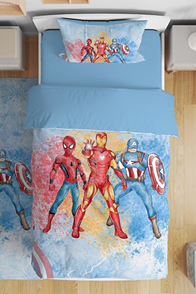 EVPANYA Mavi Süper Kahramanlar Desenli Tek Kişilik Bebek Çocuk Nevresim Seti