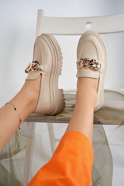 StWenn Women's Thick Sole Loafer Moccasin Shoes Beige Vegan Leather Gold Chain