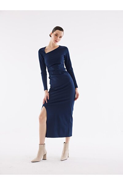 Juste Studio Сукня з асиметричним коміром та розрізом темно-синього кольору