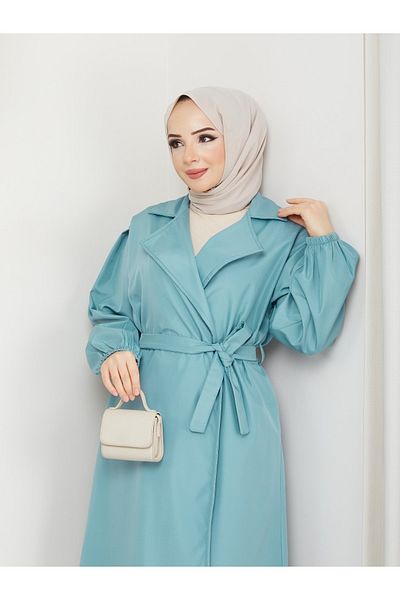 CNG MODA Balloon Sleeve and Belted Bondik Fabric Trench Coat
