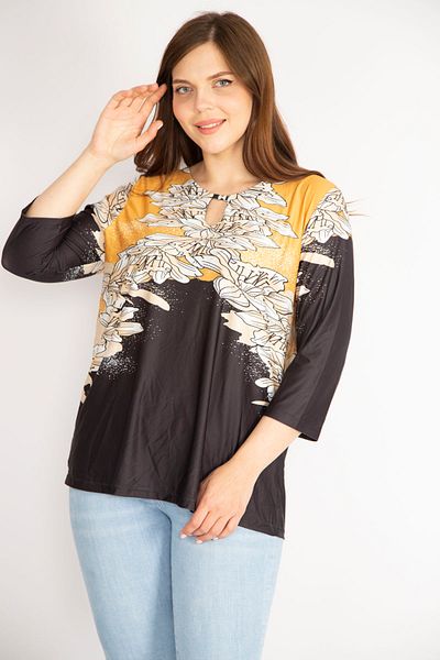 Şans Women's Mustard Plus Size Kiss Collar Capri Sleeve Collar Stone Detailed Blouse 65n36424