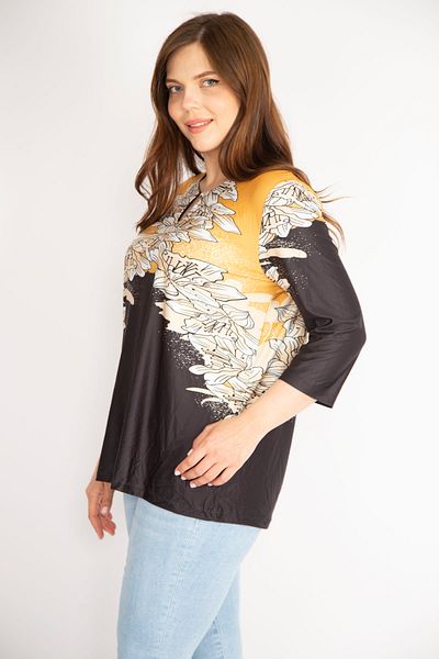 Şans Women's Mustard Plus Size Kiss Collar Capri Sleeve Collar Stone Detailed Blouse 65n36424