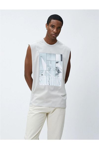 Koton 3sam30051mk 057 Beigefarbenes kurzes und ärmelloses Herren-T-Shirt aus Jersey mit Rundhalsausschnitt