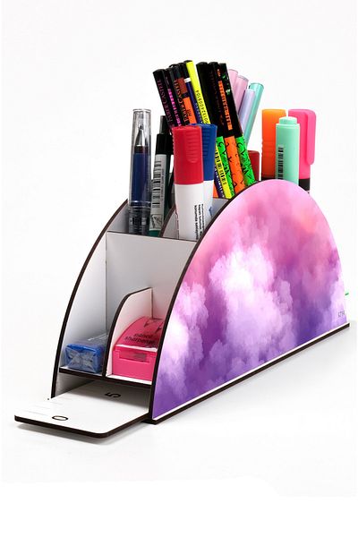 kutuTR Wooden VIP Aİ Model Series Desktop Pen Holder Organizer with Rainbow Ruler Assembled Box