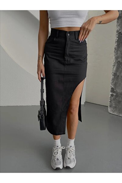 MAKRAS EXCLUSIVE New Season Women's High Black Side Slit Denim Skirt