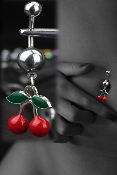 depozoom Cerrahi Çelik Göbek Piercing - Retro Espirili Kiraz Modeli Özel Üretim