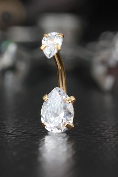 depozoom Cerrahi Çelik Zirkon Taşlı Damla Göbek Piercing Gold