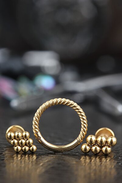 depozoom Cerrahi Çelik Kıkırdak Tragus Helix Labret 3'lü Set Piercing 8 Mm Gold