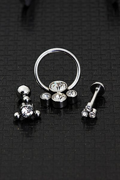 depozoom Zirkon Taşlı Cerrahi Çelik Kıkırdak Ve Tragus Set Piercing