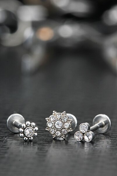 depozoom Cerrahi Çelik Kıkırdak Tragus Zirkon Taş 3'lü Set Piercing