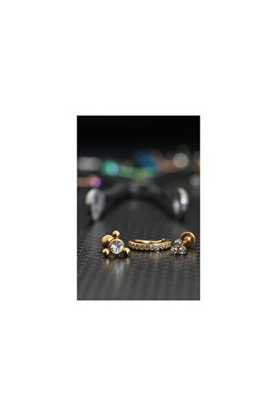 depozoom Zirkon Taşlı Cerrahi Çelik Kıkırdak Ve Tragus Set Piercing Gold