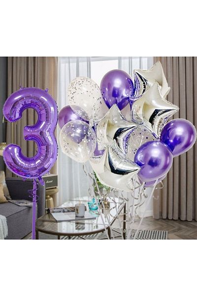 Parti Station Purple 3 Year Old Balloon Set Purple Color Number Balloon Set Birthday Party Purple Color Helium Balloon Purple Number Balloon