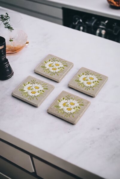 Baumatelier Daisy Flower Themed Natural Stone Travertine Coasters Set of 4