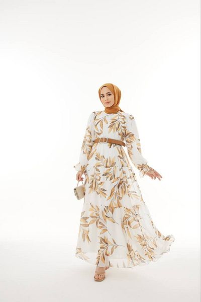 She Olive Patterned Elegant Chiffon Dress - yellow