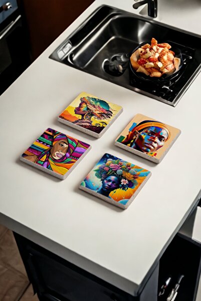 Baumatelier طقم قواعد أكواب من الحجر الطبيعي بتصميم المرأة الأفريقية مكون من ...